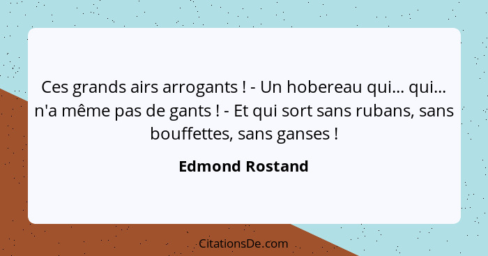 Ces grands airs arrogants ! - Un hobereau qui... qui... n'a même pas de gants ! - Et qui sort sans rubans, sans bouffettes,... - Edmond Rostand