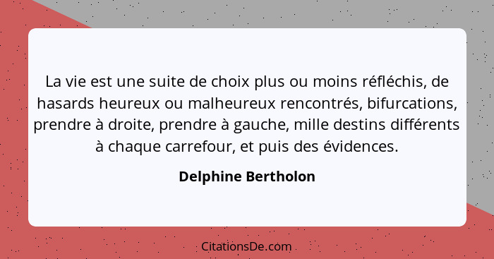 La vie est une suite de choix plus ou moins réfléchis, de hasards heureux ou malheureux rencontrés, bifurcations, prendre à droit... - Delphine Bertholon