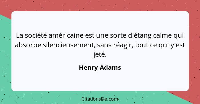 La société américaine est une sorte d'étang calme qui absorbe silencieusement, sans réagir, tout ce qui y est jeté.... - Henry Adams