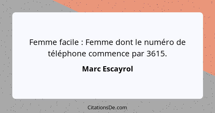 Femme facile : Femme dont le numéro de téléphone commence par 3615.... - Marc Escayrol