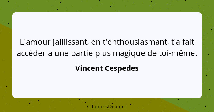 L'amour jaillissant, en t'enthousiasmant, t'a fait accéder à une partie plus magique de toi-même.... - Vincent Cespedes