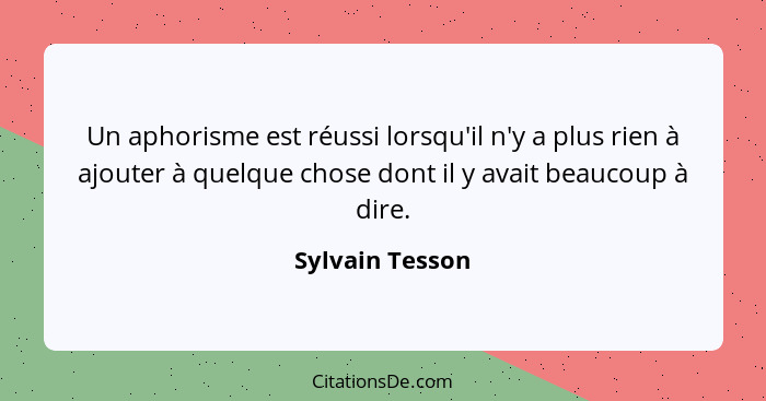 Un aphorisme est réussi lorsqu'il n'y a plus rien à ajouter à quelque chose dont il y avait beaucoup à dire.... - Sylvain Tesson