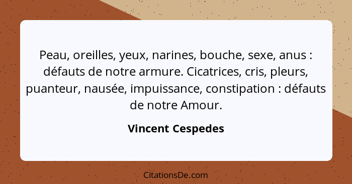 Peau, oreilles, yeux, narines, bouche, sexe, anus : défauts de notre armure. Cicatrices, cris, pleurs, puanteur, nausée, impui... - Vincent Cespedes