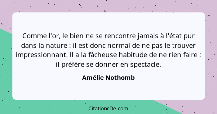 Comme l'or, le bien ne se rencontre jamais à l'état pur dans la nature : il est donc normal de ne pas le trouver impressionnant.... - Amélie Nothomb