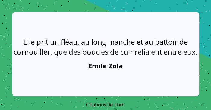 Elle prit un fléau, au long manche et au battoir de cornouiller, que des boucles de cuir reliaient entre eux.... - Emile Zola