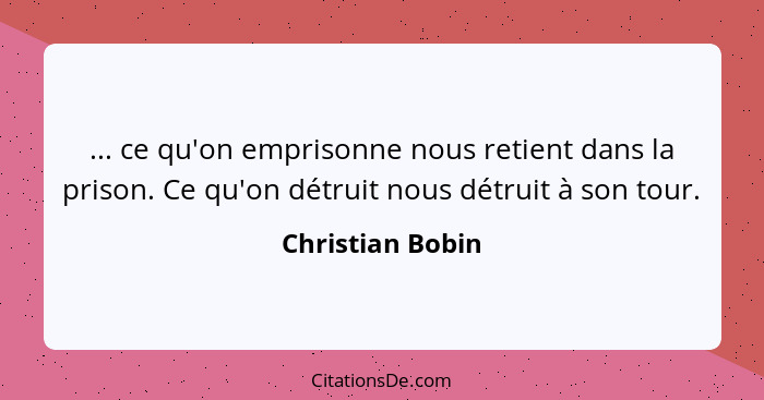 ... ce qu'on emprisonne nous retient dans la prison. Ce qu'on détruit nous détruit à son tour.... - Christian Bobin