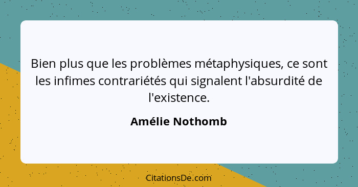 Bien plus que les problèmes métaphysiques, ce sont les infimes contrariétés qui signalent l'absurdité de l'existence.... - Amélie Nothomb