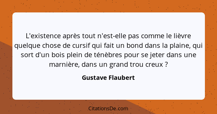 L'existence après tout n'est-elle pas comme le lièvre quelque chose de cursif qui fait un bond dans la plaine, qui sort d'un bois p... - Gustave Flaubert