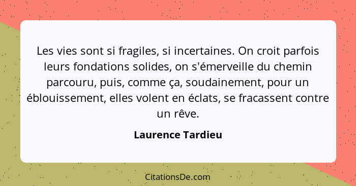 Les vies sont si fragiles, si incertaines. On croit parfois leurs fondations solides, on s'émerveille du chemin parcouru, puis, com... - Laurence Tardieu