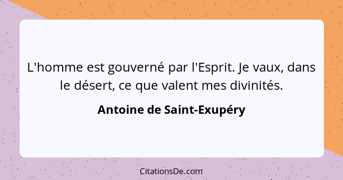 L'homme est gouverné par l'Esprit. Je vaux, dans le désert, ce que valent mes divinités.... - Antoine de Saint-Exupéry