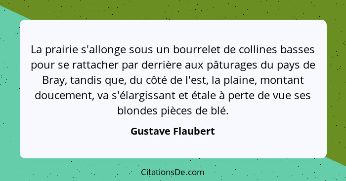 La prairie s'allonge sous un bourrelet de collines basses pour se rattacher par derrière aux pâturages du pays de Bray, tandis que,... - Gustave Flaubert