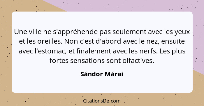 Une ville ne s'appréhende pas seulement avec les yeux et les oreilles. Non c'est d'abord avec le nez, ensuite avec l'estomac, et finale... - Sándor Márai