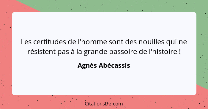 Les certitudes de l'homme sont des nouilles qui ne résistent pas à la grande passoire de l'histoire !... - Agnès Abécassis