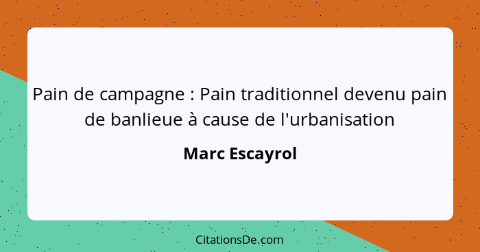 Pain de campagne : Pain traditionnel devenu pain de banlieue à cause de l'urbanisation... - Marc Escayrol