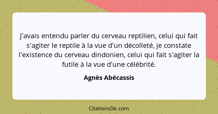 J'avais entendu parler du cerveau reptilien, celui qui fait s'agiter le reptile à la vue d'un décolleté, je constate l'existence du... - Agnès Abécassis