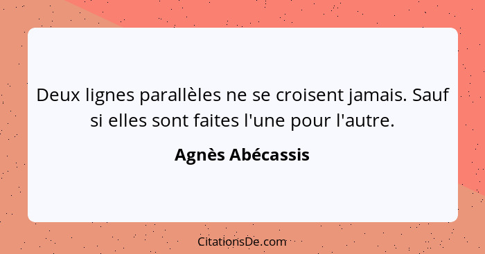 Deux lignes parallèles ne se croisent jamais. Sauf si elles sont faites l'une pour l'autre.... - Agnès Abécassis