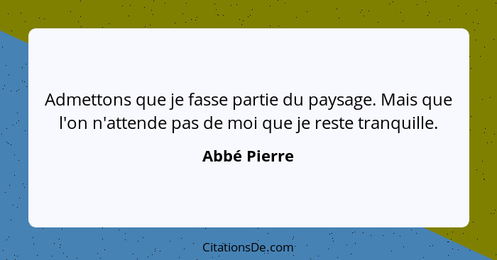 Admettons que je fasse partie du paysage. Mais que l'on n'attende pas de moi que je reste tranquille.... - Abbé Pierre