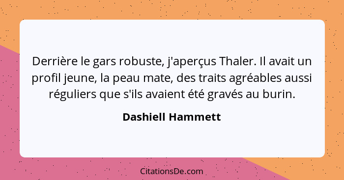 Derrière le gars robuste, j'aperçus Thaler. Il avait un profil jeune, la peau mate, des traits agréables aussi réguliers que s'ils... - Dashiell Hammett