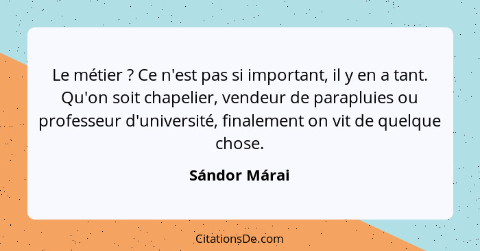 Le métier ? Ce n'est pas si important, il y en a tant. Qu'on soit chapelier, vendeur de parapluies ou professeur d'université, fin... - Sándor Márai