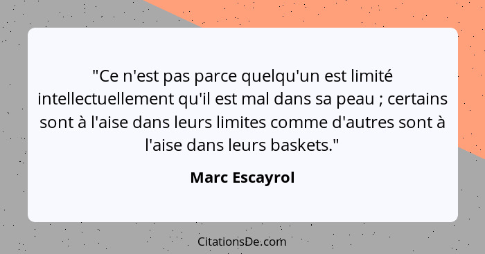 "Ce n'est pas parce quelqu'un est limité intellectuellement qu'il est mal dans sa peau ; certains sont à l'aise dans leurs limite... - Marc Escayrol