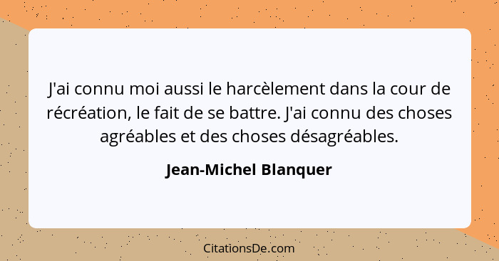 J'ai connu moi aussi le harcèlement dans la cour de récréation, le fait de se battre. J'ai connu des choses agréables et des ch... - Jean-Michel Blanquer