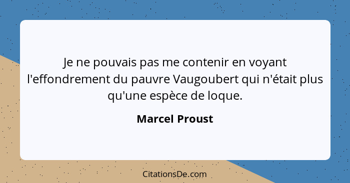 Je ne pouvais pas me contenir en voyant l'effondrement du pauvre Vaugoubert qui n'était plus qu'une espèce de loque.... - Marcel Proust