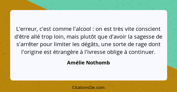 L'erreur, c'est comme l'alcool : on est très vite conscient d'être allé trop loin, mais plutôt que d'avoir la sagesse de s'arrêt... - Amélie Nothomb