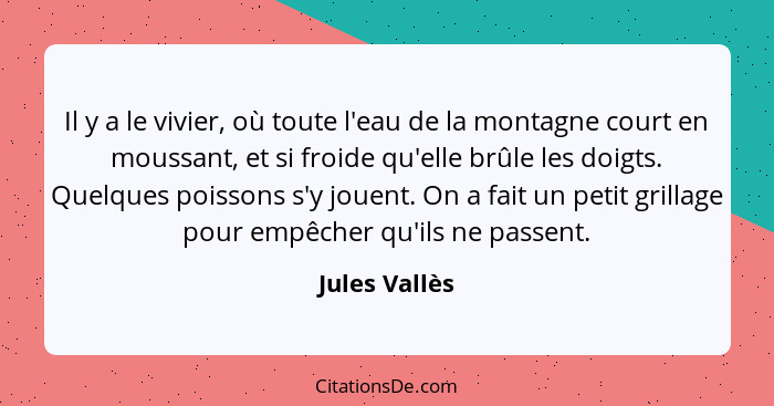 Il y a le vivier, où toute l'eau de la montagne court en moussant, et si froide qu'elle brûle les doigts. Quelques poissons s'y jouent.... - Jules Vallès