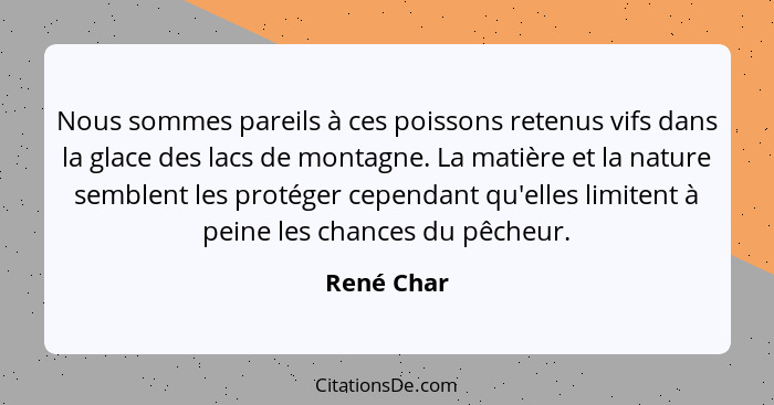 Nous sommes pareils à ces poissons retenus vifs dans la glace des lacs de montagne. La matière et la nature semblent les protéger cependan... - René Char