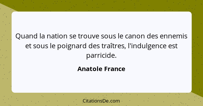Quand la nation se trouve sous le canon des ennemis et sous le poignard des traîtres, l'indulgence est parricide.... - Anatole France