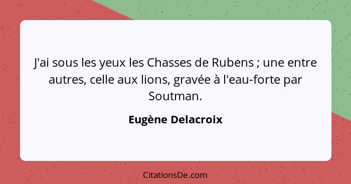 J'ai sous les yeux les Chasses de Rubens ; une entre autres, celle aux lions, gravée à l'eau-forte par Soutman.... - Eugène Delacroix