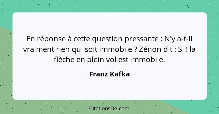 En réponse à cette question pressante : N'y a-t-il vraiment rien qui soit immobile ? Zénon dit : Si ! la flèche en p... - Franz Kafka