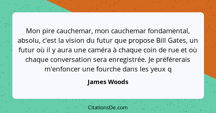 Mon pire cauchemar, mon cauchemar fondamental, absolu, c'est la vision du futur que propose Bill Gates, un futur où il y aura une caméra... - James Woods