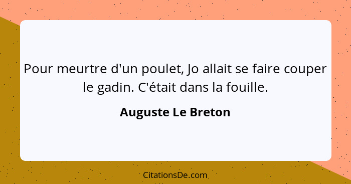 Pour meurtre d'un poulet, Jo allait se faire couper le gadin. C'était dans la fouille.... - Auguste Le Breton