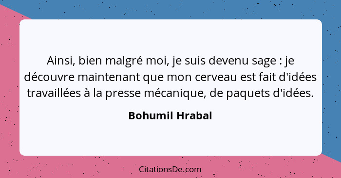 Ainsi, bien malgré moi, je suis devenu sage : je découvre maintenant que mon cerveau est fait d'idées travaillées à la presse mé... - Bohumil Hrabal