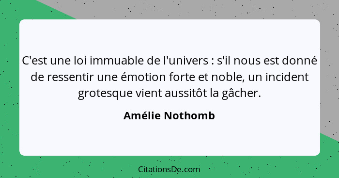 C'est une loi immuable de l'univers : s'il nous est donné de ressentir une émotion forte et noble, un incident grotesque vient a... - Amélie Nothomb