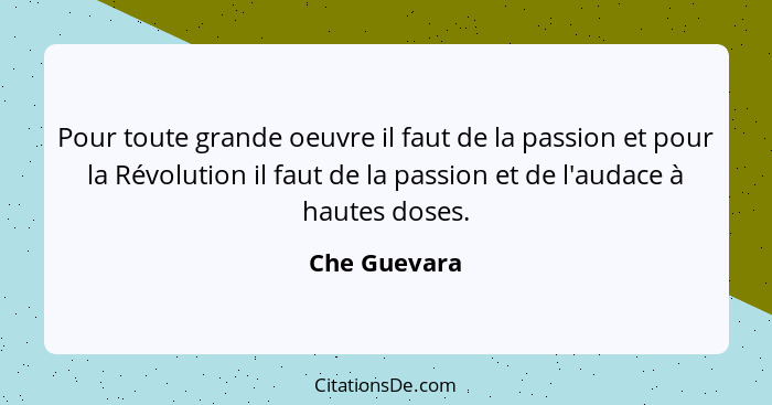 Pour toute grande oeuvre il faut de la passion et pour la Révolution il faut de la passion et de l'audace à hautes doses.... - Che Guevara