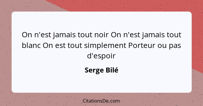 On n'est jamais tout noir On n'est jamais tout blanc On est tout simplement Porteur ou pas d'espoir... - Serge Bilé