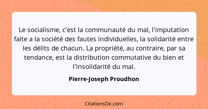 Le socialisme, c'est la communauté du mal, l'imputation faite a la société des fautes individuelles, la solidarité entre les... - Pierre-Joseph Proudhon