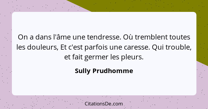 On a dans l'âme une tendresse. Où tremblent toutes les douleurs, Et c'est parfois une caresse. Qui trouble, et fait germer les pleur... - Sully Prudhomme