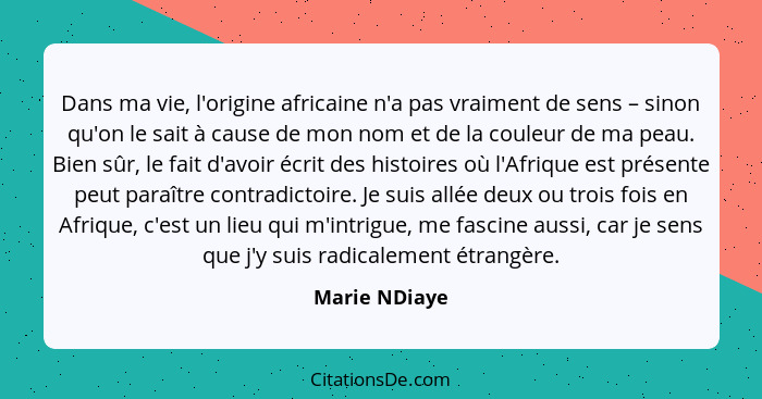 Dans ma vie, l'origine africaine n'a pas vraiment de sens – sinon qu'on le sait à cause de mon nom et de la couleur de ma peau. Bien sû... - Marie NDiaye