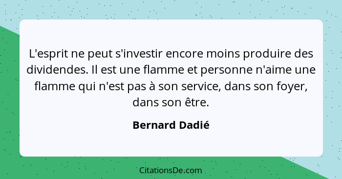 L'esprit ne peut s'investir encore moins produire des dividendes. Il est une flamme et personne n'aime une flamme qui n'est pas à son... - Bernard Dadié