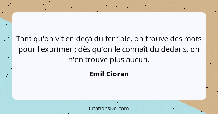 Tant qu'on vit en deçà du terrible, on trouve des mots pour l'exprimer ; dès qu'on le connaît du dedans, on n'en trouve plus aucun.... - Emil Cioran