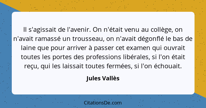 Il s'agissait de l'avenir. On n'était venu au collège, on n'avait ramassé un trousseau, on n'avait dégonflé le bas de laine que pour ar... - Jules Vallès