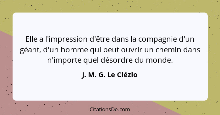 Elle a l'impression d'être dans la compagnie d'un géant, d'un homme qui peut ouvrir un chemin dans n'importe quel désordre du mon... - J. M. G. Le Clézio