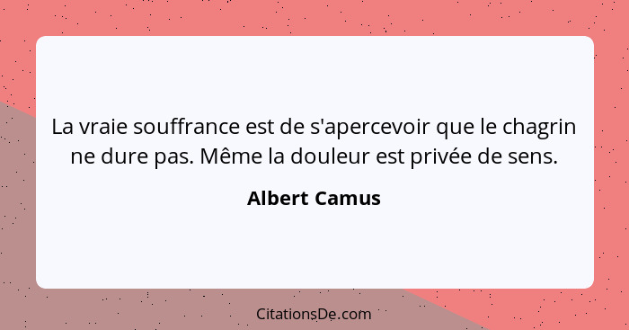 La vraie souffrance est de s'apercevoir que le chagrin ne dure pas. Même la douleur est privée de sens.... - Albert Camus