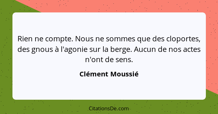 Rien ne compte. Nous ne sommes que des cloportes, des gnous à l'agonie sur la berge. Aucun de nos actes n'ont de sens.... - Clément Moussié