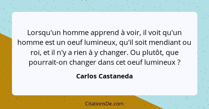 Lorsqu'un homme apprend à voir, il voit qu'un homme est un oeuf lumineux, qu'il soit mendiant ou roi, et il n'y a rien à y changer.... - Carlos Castaneda