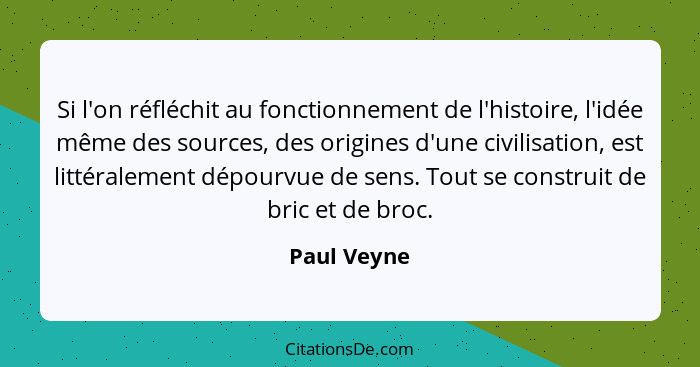 Si l'on réfléchit au fonctionnement de l'histoire, l'idée même des sources, des origines d'une civilisation, est littéralement dépourvue... - Paul Veyne