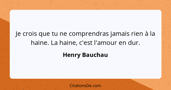 Je crois que tu ne comprendras jamais rien à la haine. La haine, c'est l'amour en dur.... - Henry Bauchau